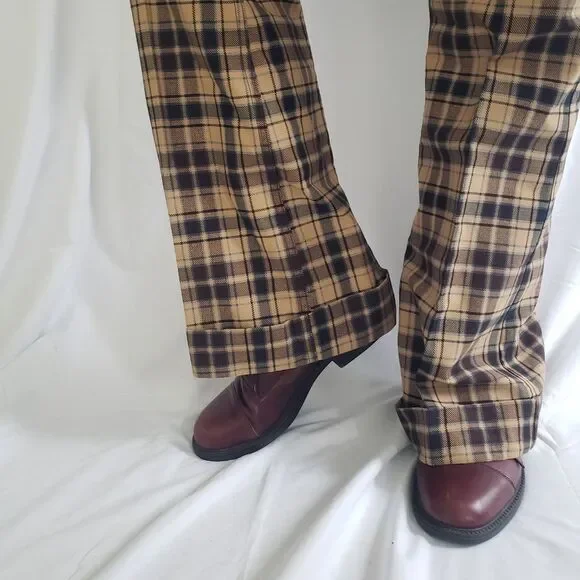 60s/70s Levi's Brown and Blue Plaid Pleated Flare Pants - Picture 2 of 6